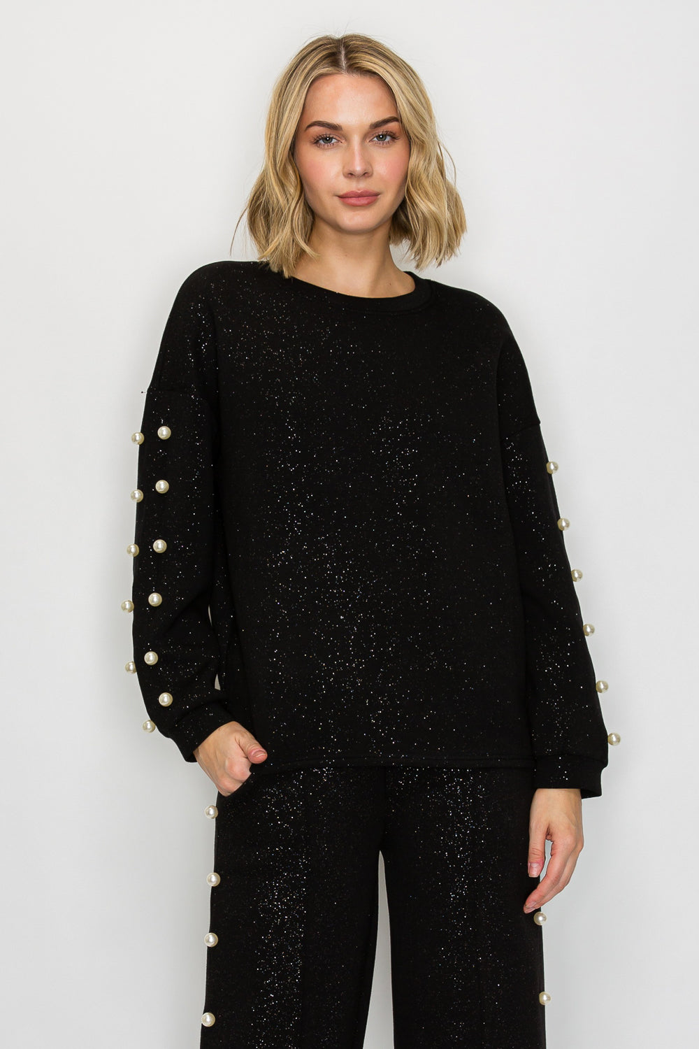 Katri Stretch French Scuba Pearl Top with Glitter
