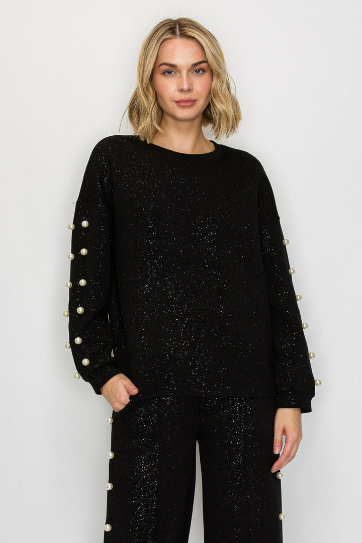 Katri Stretch French Scuba Pearl Top with Glitter