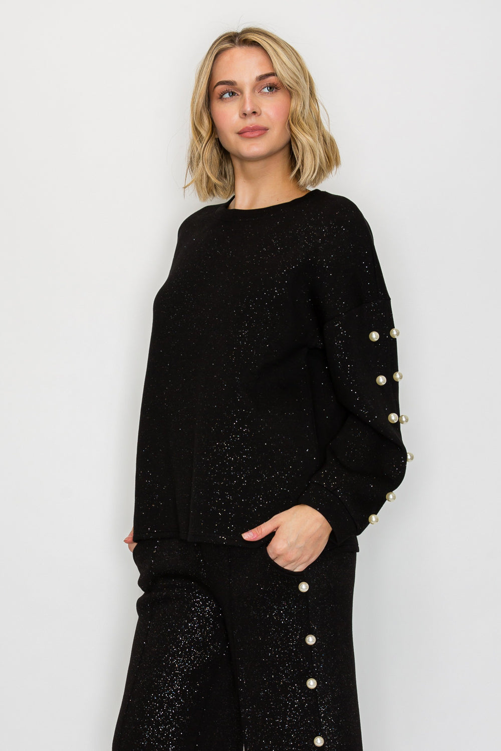 Katri Stretch French Scuba Pearl Top with Glitter