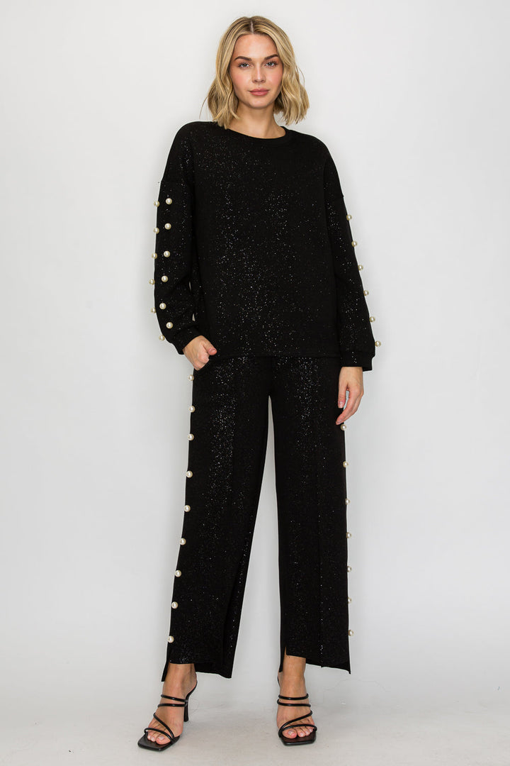 Katri Stretch French Scuba Pearl Top with Glitter