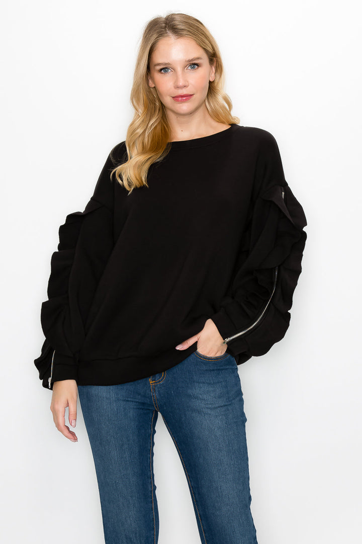 Ferra Stretch French Scuba Top with Ruffled Zipper Sleeves