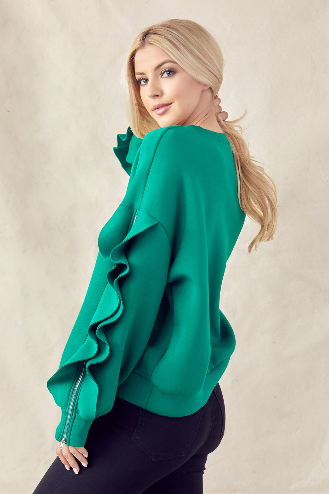Ferra Stretch French Scuba Top with Ruffled Zipper Sleeves