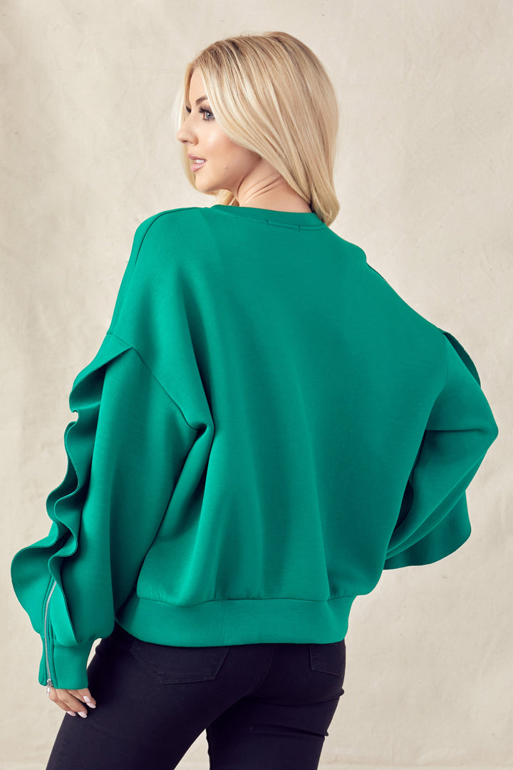 Ferra Stretch French Scuba Top with Ruffled Zipper Sleeves