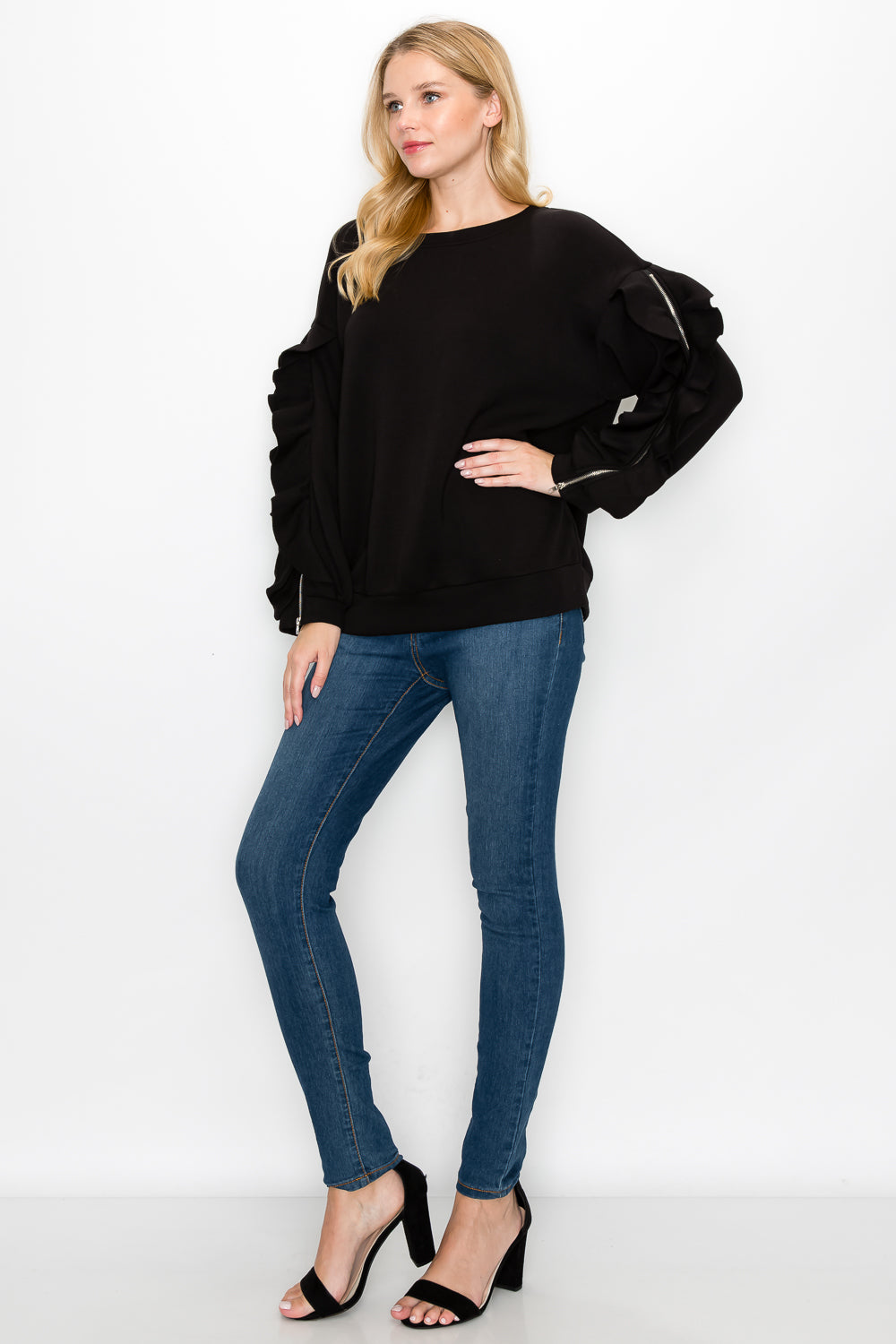 Ferra Stretch French Scuba Top with Ruffled Zipper Sleeves