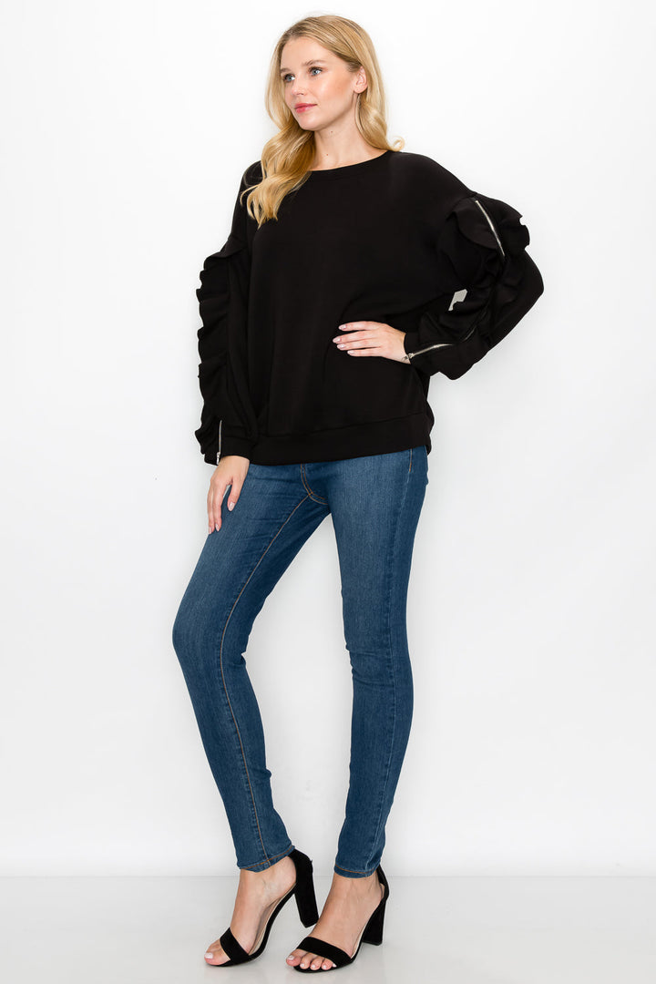Ferra Stretch French Scuba Top with Ruffled Zipper Sleeves