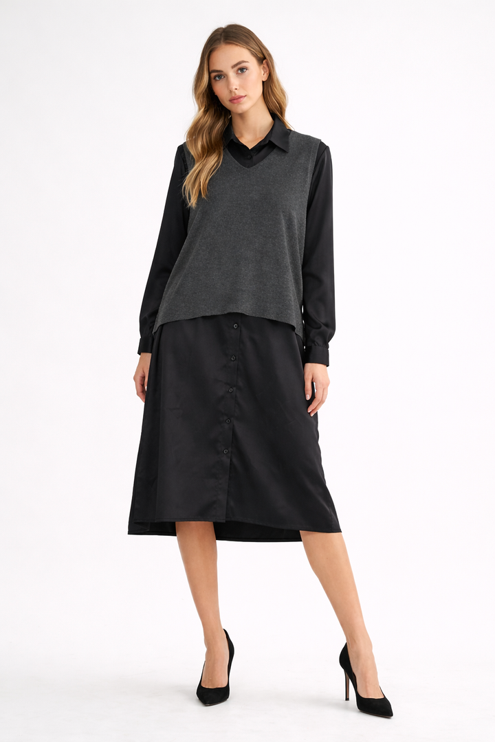 Whema Woven Shirt Dress with Detachable Sweater Knitted Vest