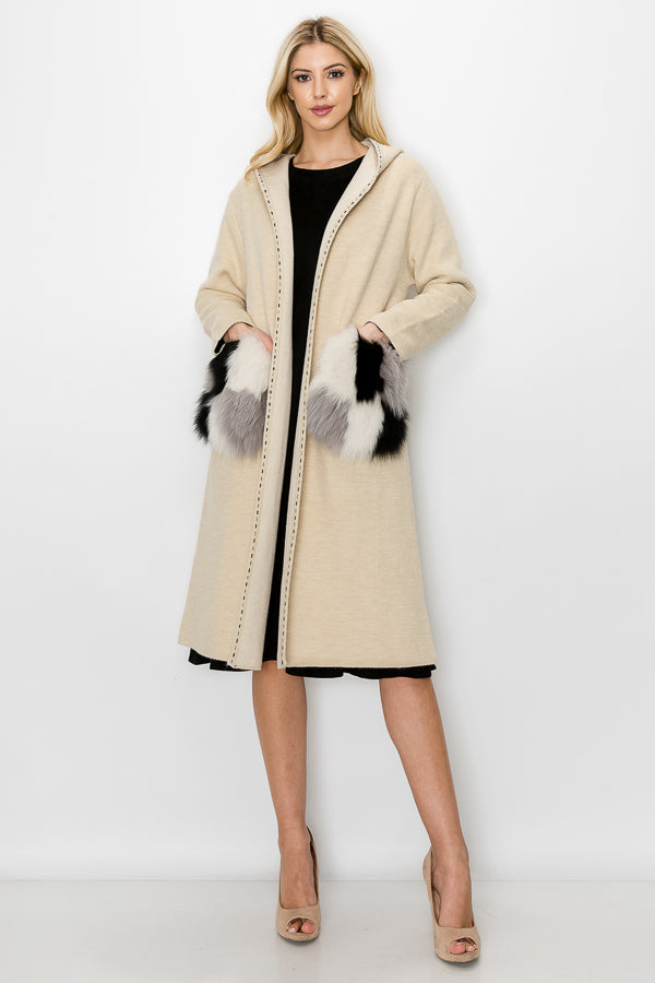 Stella Knitted Sweater Coat with Faux Fur Pockets