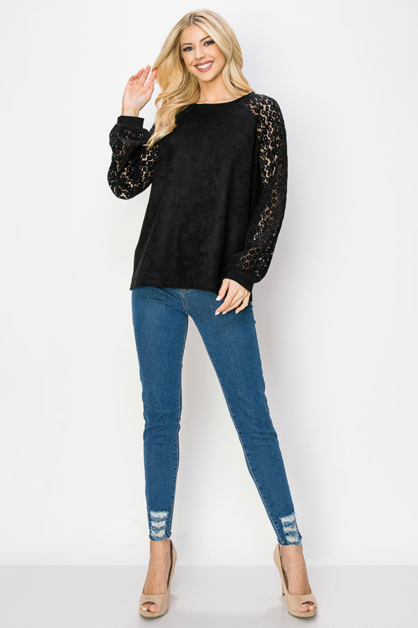 Alura Stretch Suede Top with Crochet Lace
