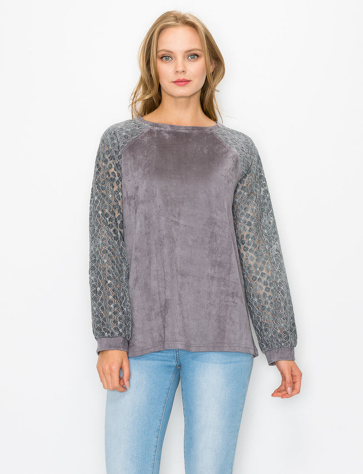 Alura Stretch Suede Top with Crochet Lace