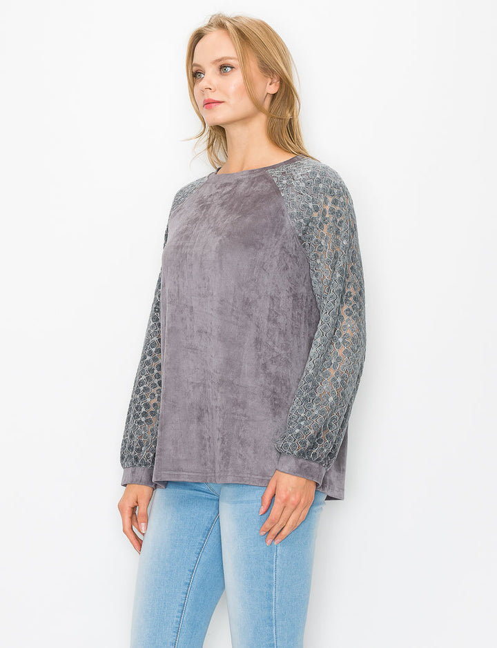 Alura Stretch Suede Top with Crochet Lace