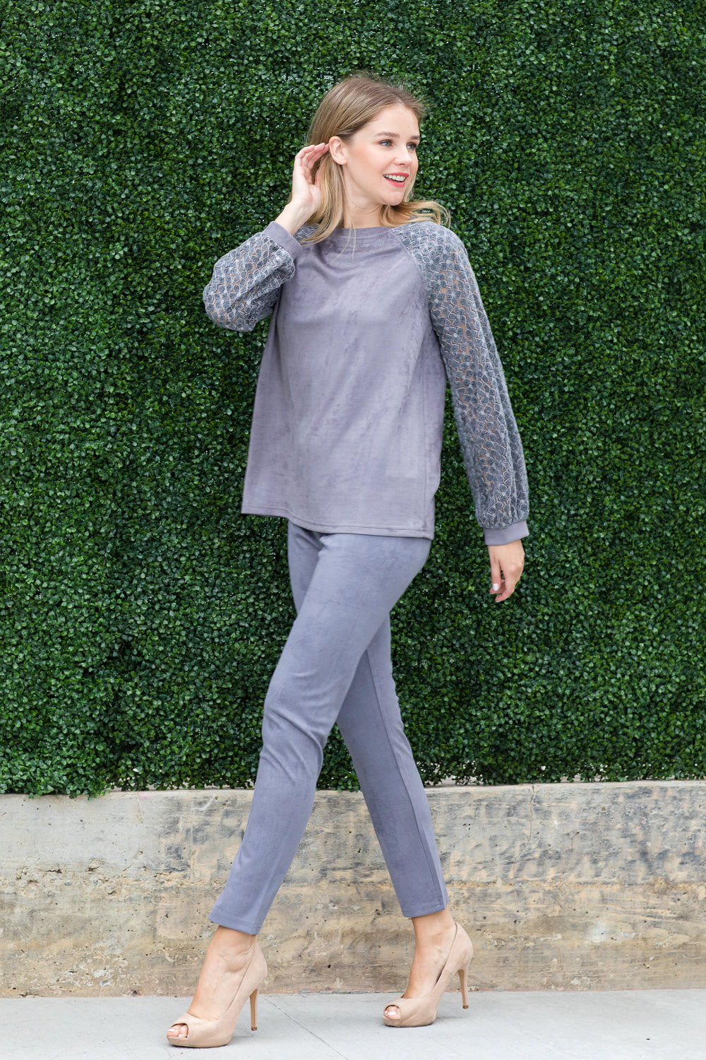 Alura Stretch Suede Top with Crochet Lace