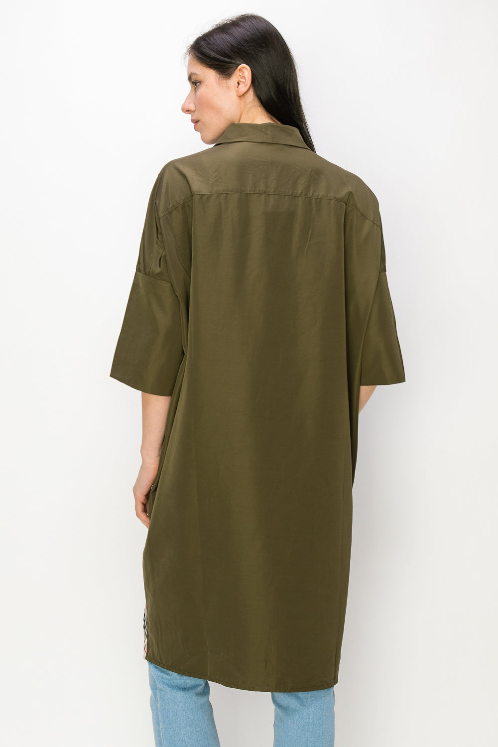olive green tunic dress Women's Olive Green 3/4 Sleeve Tunic Mini Dress V Neck Button Detail Casual Shift Dress With Drawstring Pockets