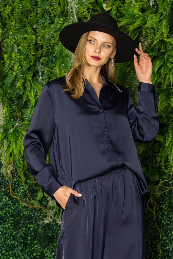 Wileene Satin Shirt with Diamond Trim