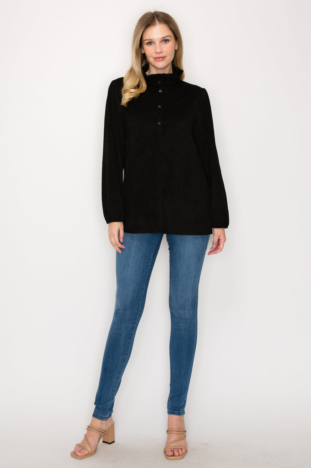 Willabella Stretch Suede Top with Ruffled Collar