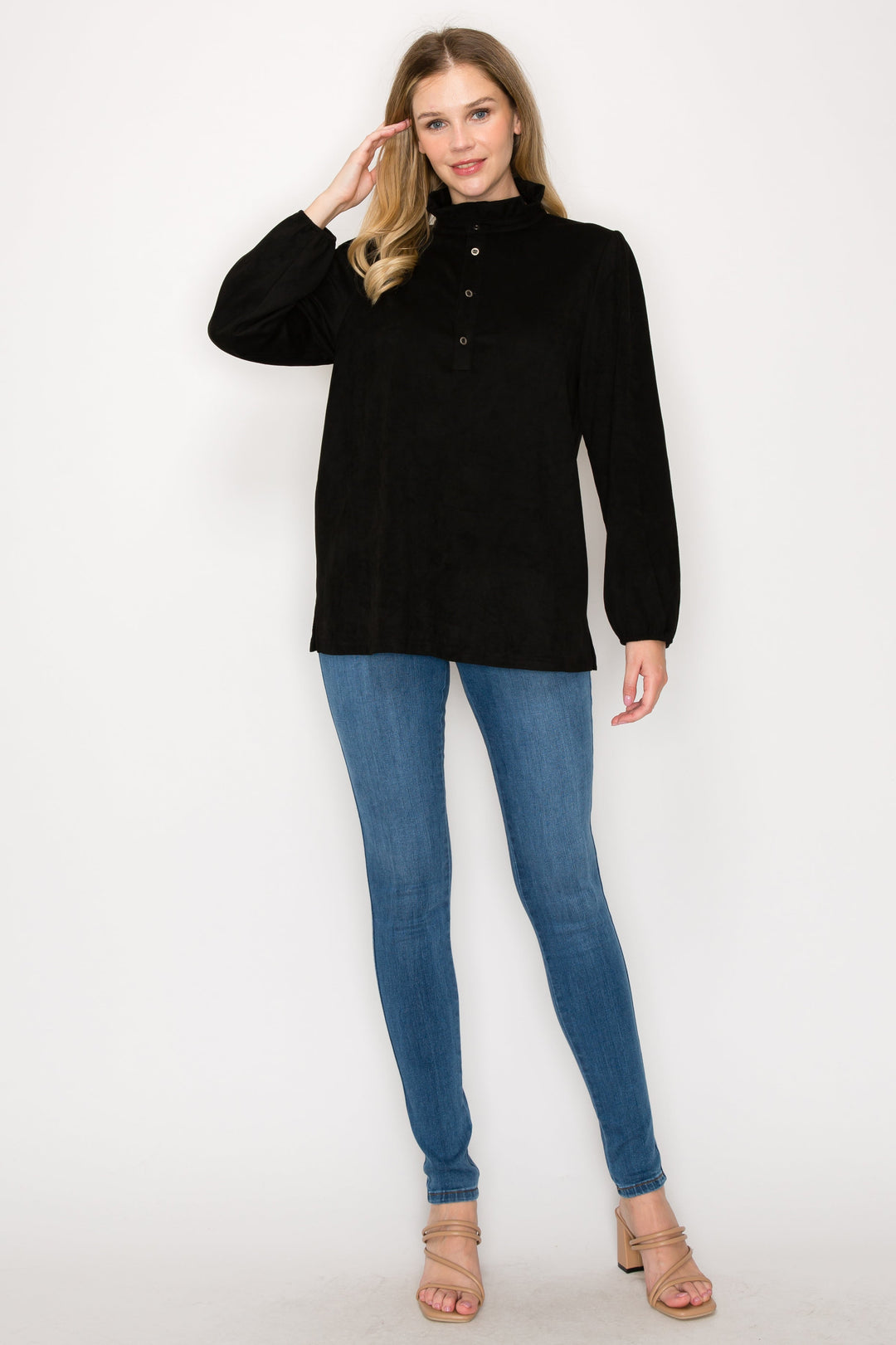 Willabella Stretch Suede Top with Ruffled Collar
