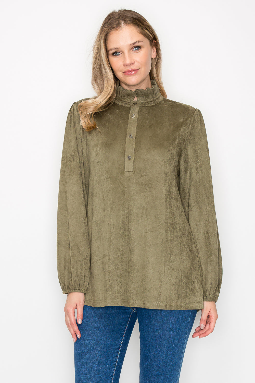 Willabella Stretch Suede Top with Ruffled Collar
