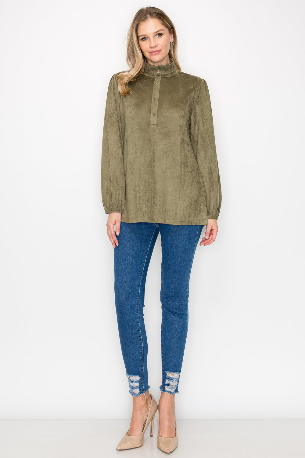 Willabella Stretch Suede Top with Ruffled Collar