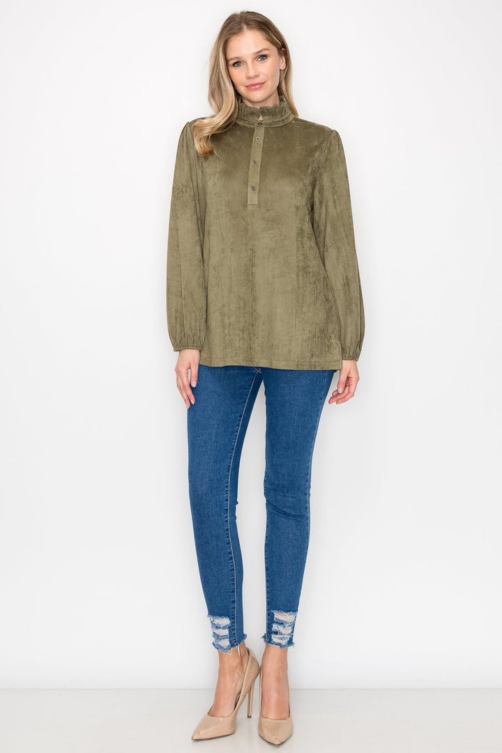 Willabella Stretch Suede Top with Ruffled Collar