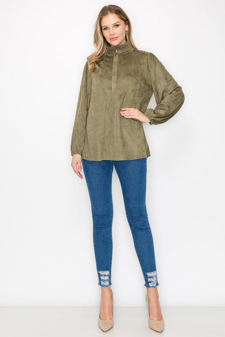 Willabella Stretch Suede Top with Ruffled Collar