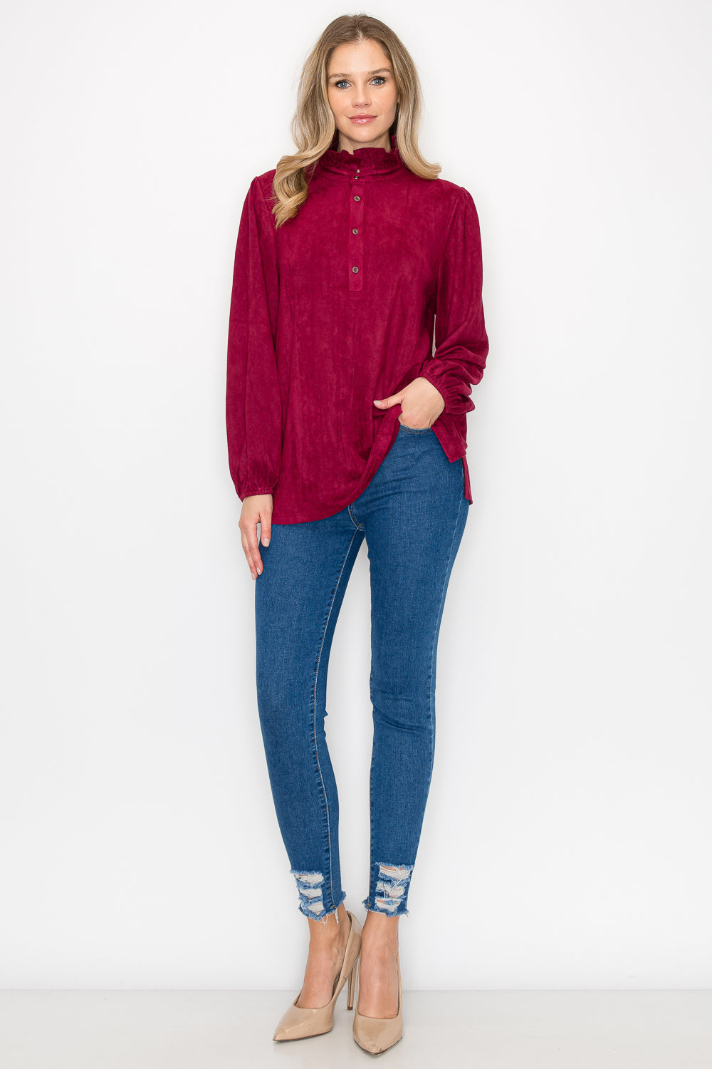 Willabella Stretch Suede Top with Ruffled Collar