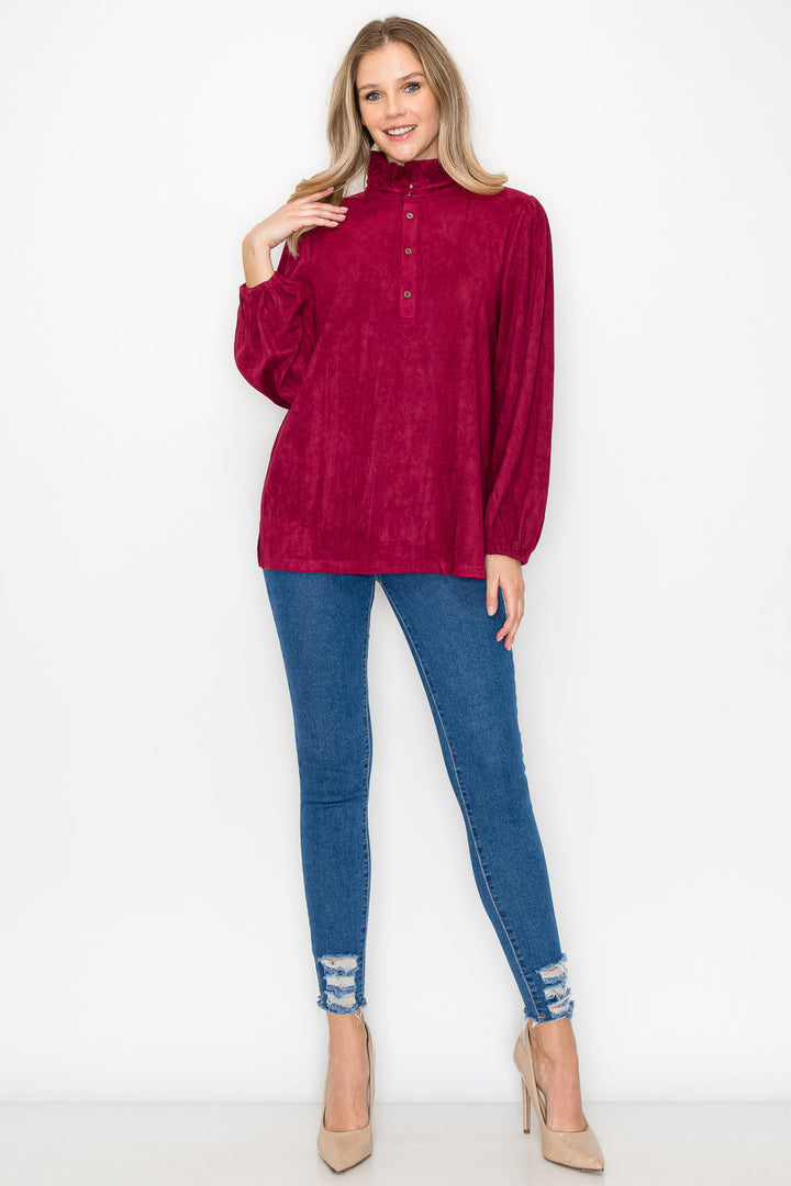Willabella Stretch Suede Top with Ruffled Collar