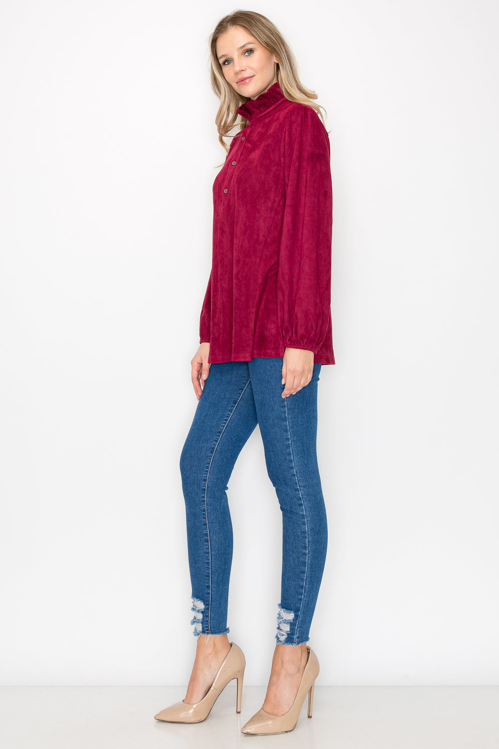 Willabella Stretch Suede Top with Ruffled Collar