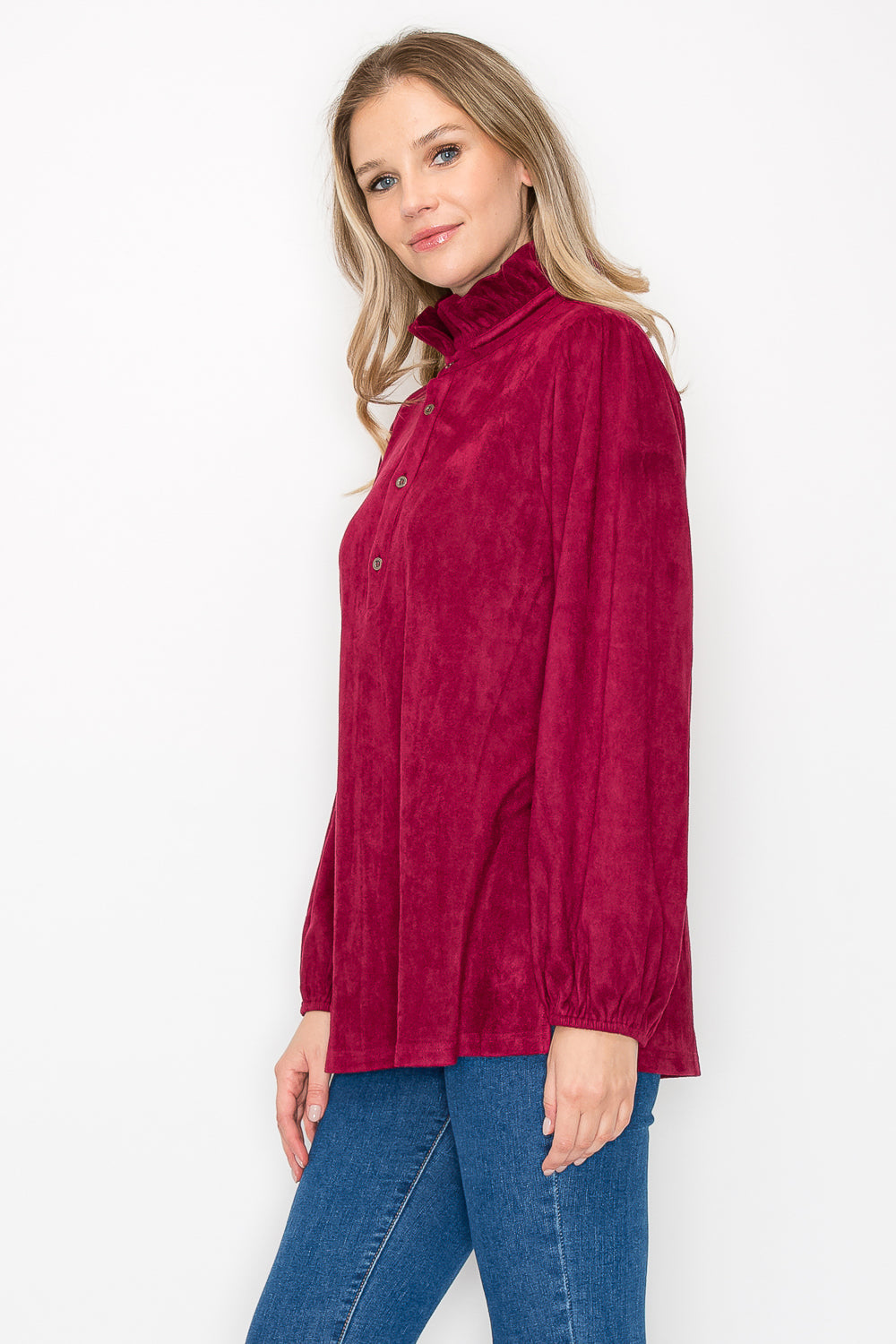 Willabella Stretch Suede Top with Ruffled Collar