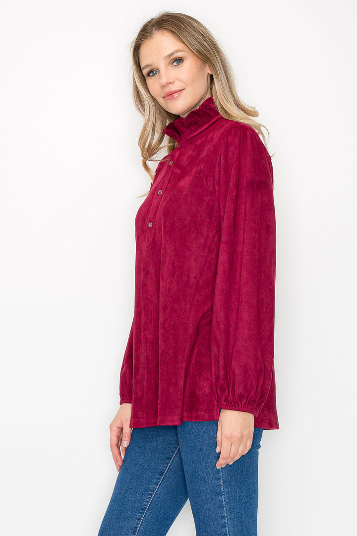 Willabella Stretch Suede Top with Ruffled Collar