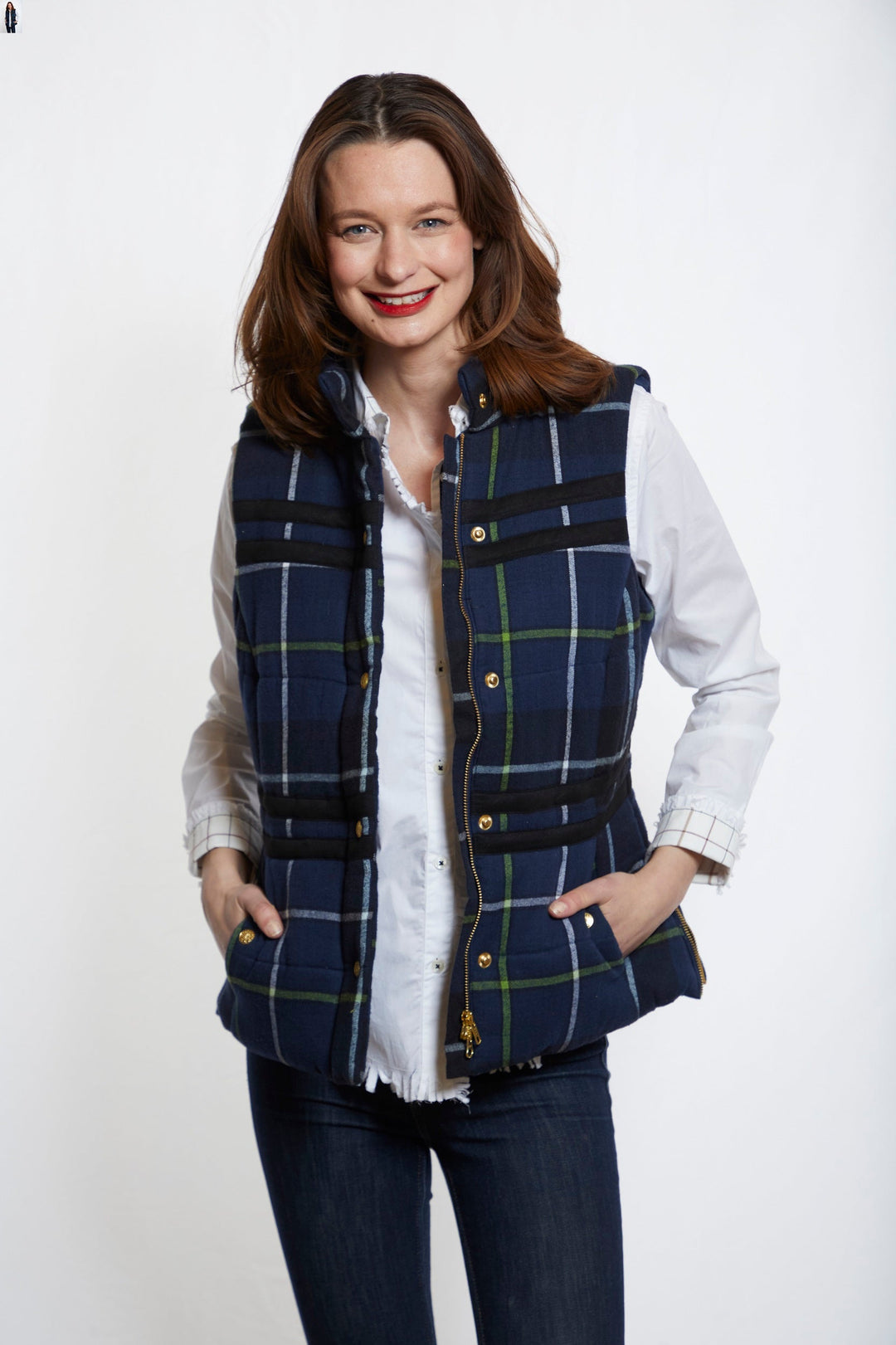 Rosey Vest With Contrast Lining In Indigo Yarndyed Flannel Plaid