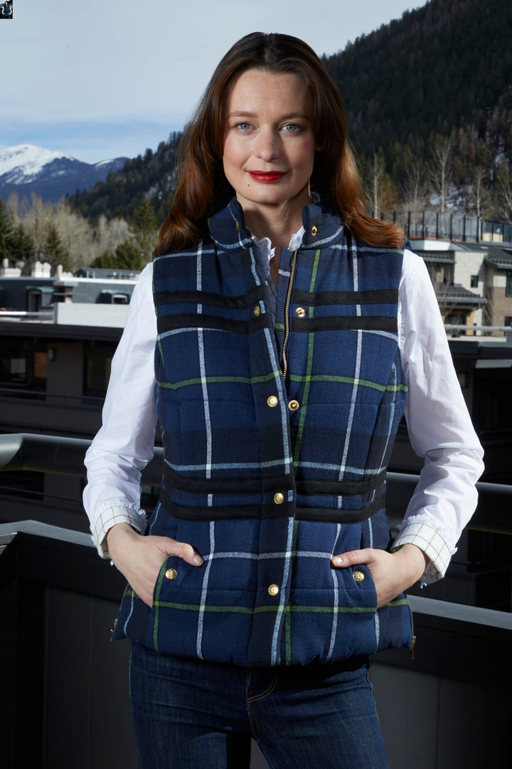 Rosey Vest With Contrast Lining In Indigo Yarndyed Flannel Plaid