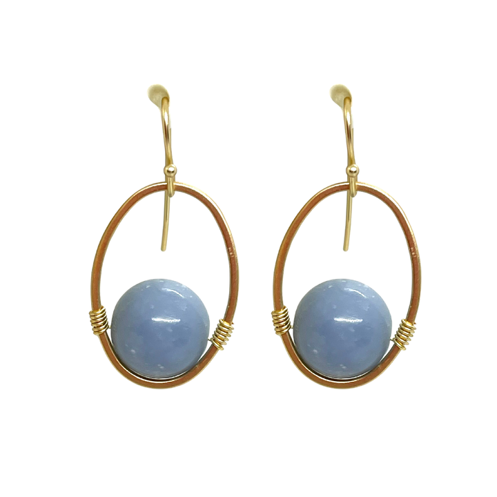 Blue Angelite And Matte Gold Oval Wrap Earrings