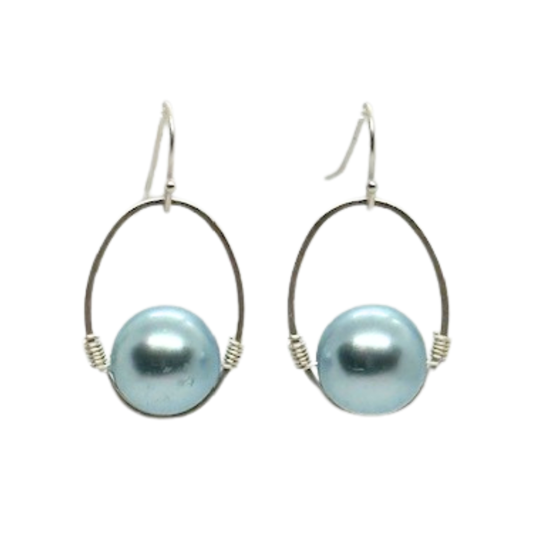 Aqua Pearl Wire Wrapped Matte Silver Oval Earrings