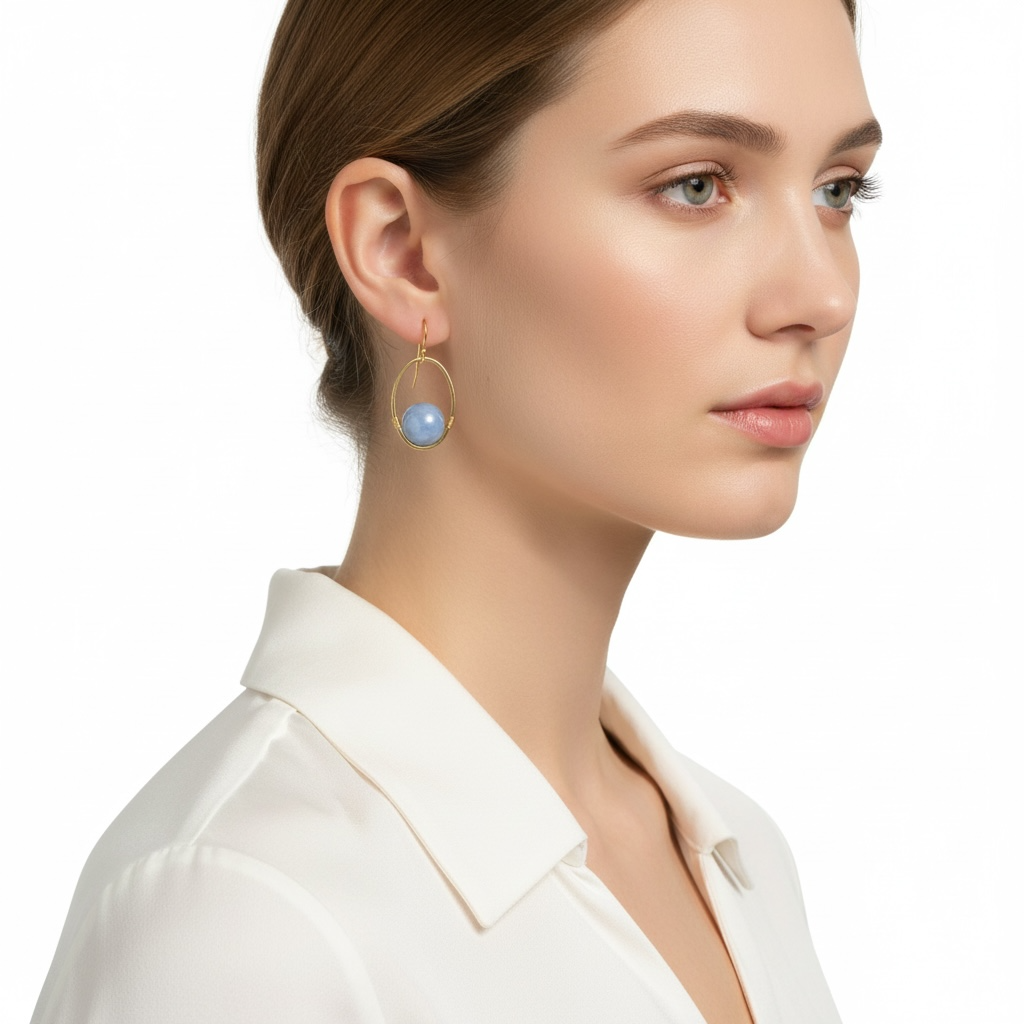 Blue Angelite And Matte Gold Oval Wrap Earrings