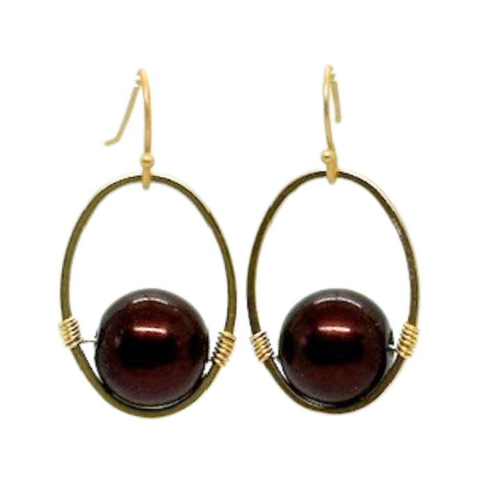 Burgundy Pearl Wire Wrapped Matte Gold Oval Earrings
