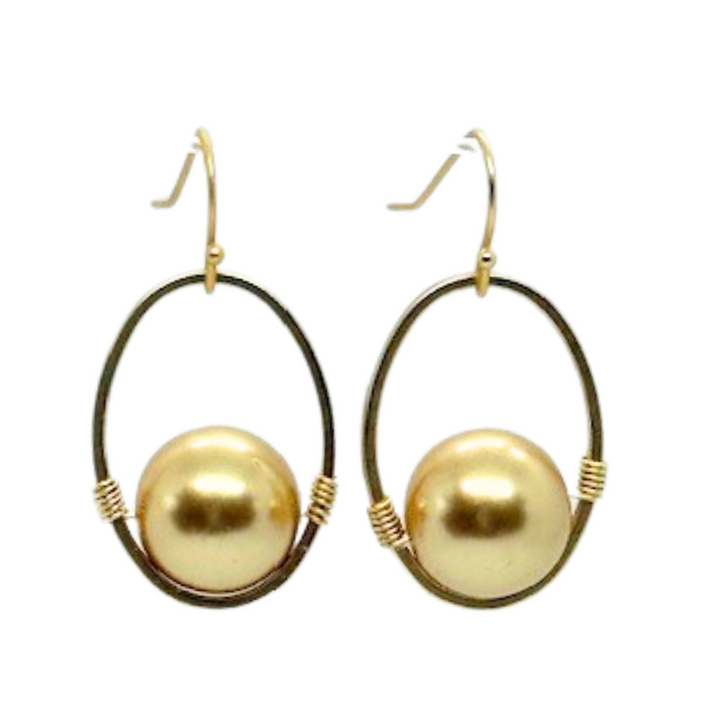 Champagne Pearl Wire Wrapped Matte Gold Oval Earrings