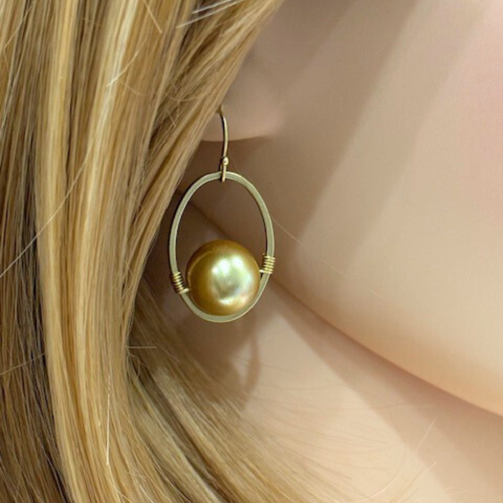 Champagne Pearl Wire Wrapped Matte Gold Oval Earrings