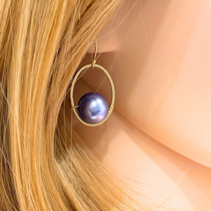 Lavender Pearl Wire Wrapped Matte Gold Oval Earrings
