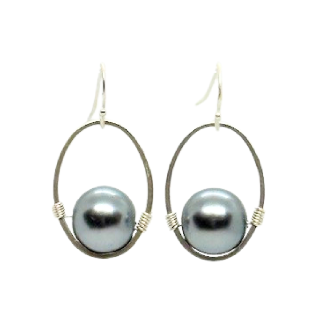 Grey Pearl Wire Wrapped Matte Silver Oval Earrings