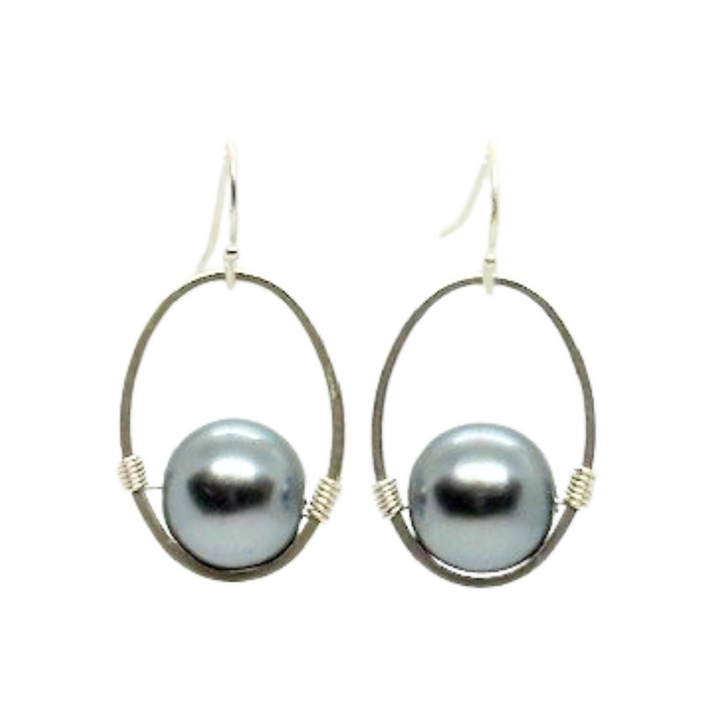 Grey Pearl Wire Wrapped Matte Silver Oval Earrings