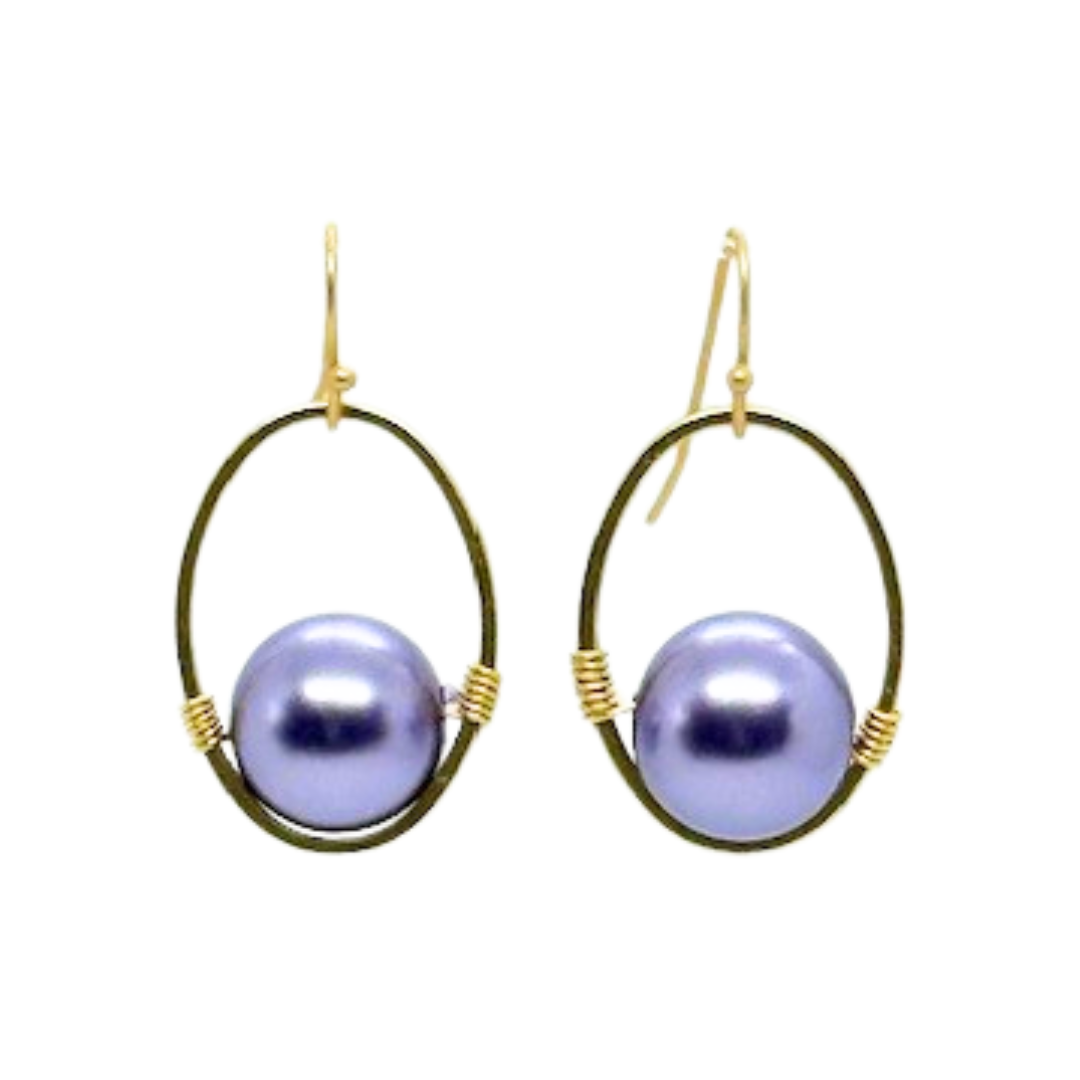 Lavender Pearl Wire Wrapped Matte Gold Oval Earrings