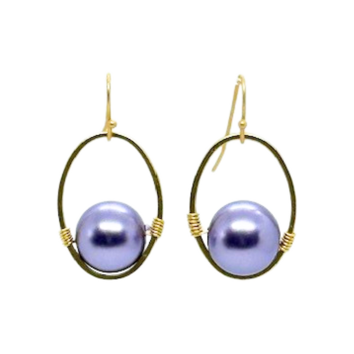 Lavender Pearl Wire Wrapped Matte Gold Oval Earrings