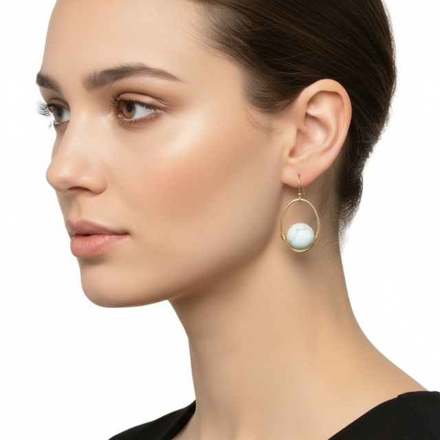 White Magnesite Matte Gold Oval Wrap Earrings