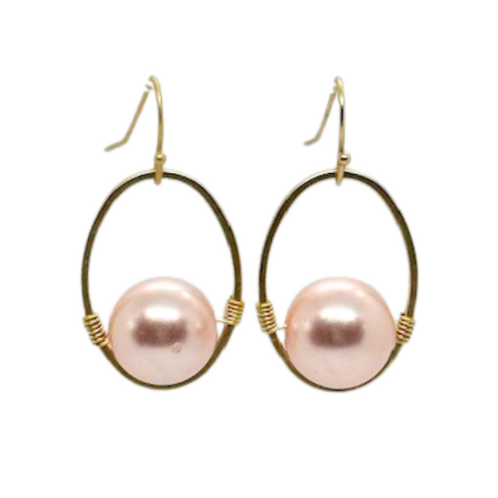 Pink Pearl Wire Wrapped Matte Gold Oval Earrings