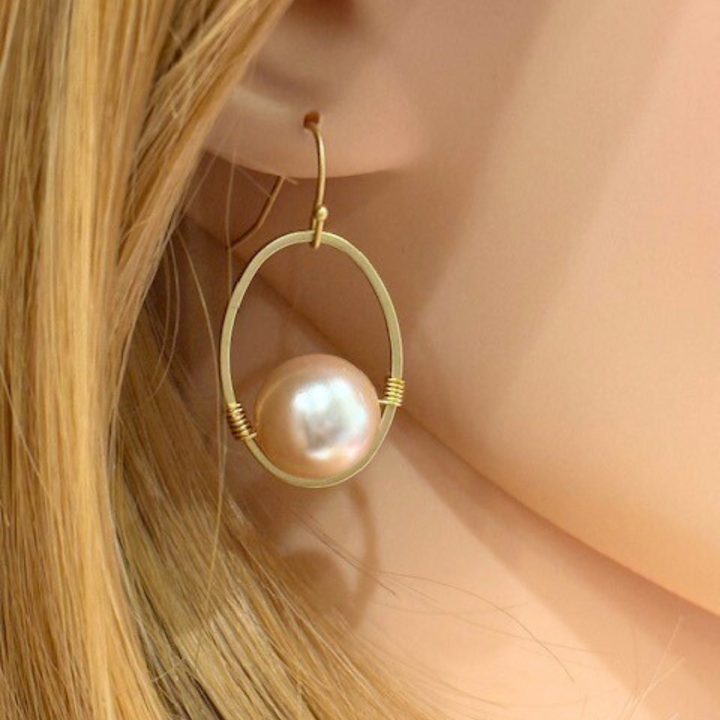 Pink Pearl Wire Wrapped Matte Gold Oval Earrings
