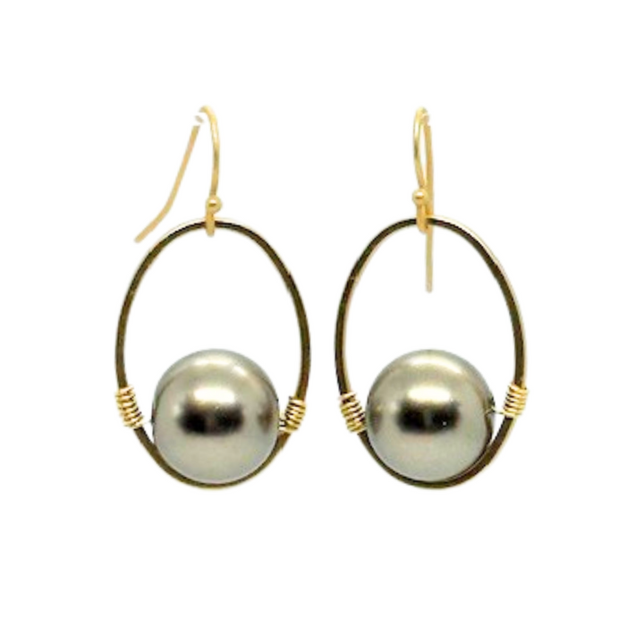 Taupe Pearl Wire Wrapped Matte Gold Oval Earrings