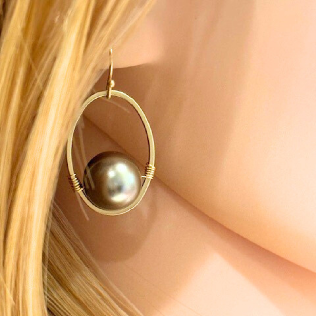 Taupe Pearl Wire Wrapped Matte Gold Oval Earrings
