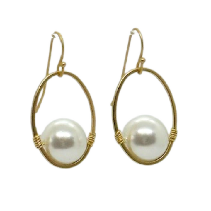 White Pearl Wire Wrapped Matte Gold Oval Earrings