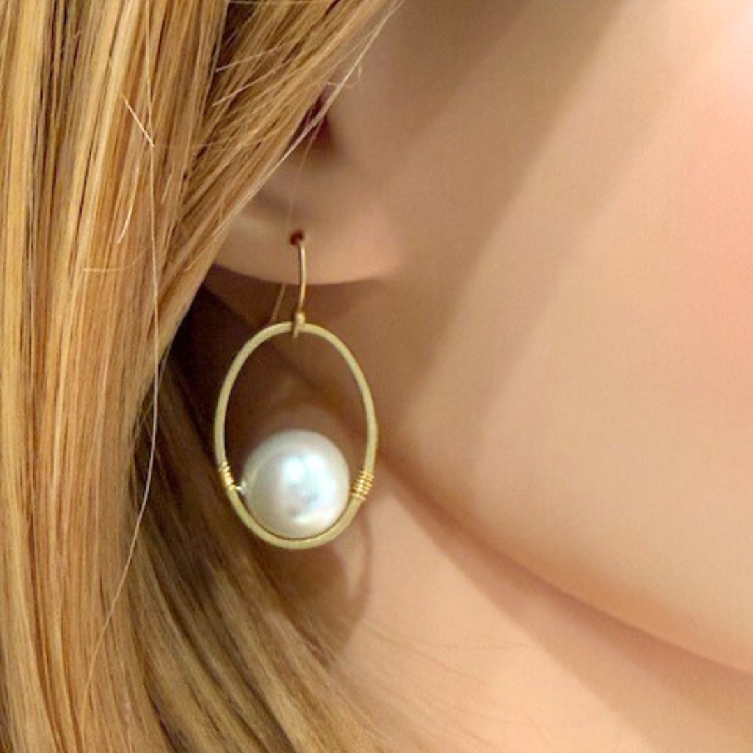 White Pearl Wire Wrapped Matte Gold Oval Earrings