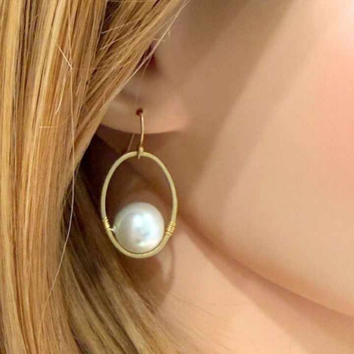 White Pearl Wire Wrapped Matte Gold Oval Earrings