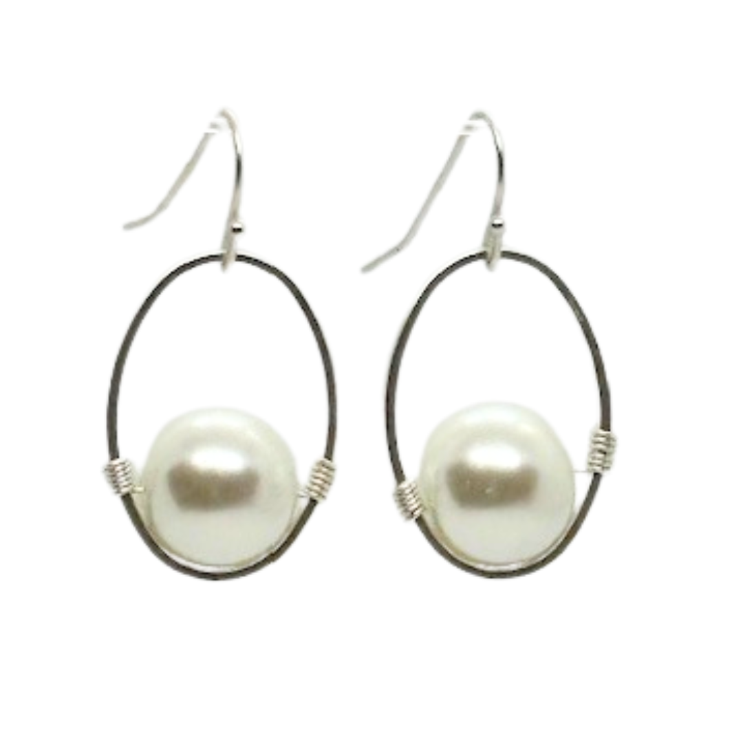 White Pearl Wire Wrapped Matte Silver Oval Earrings